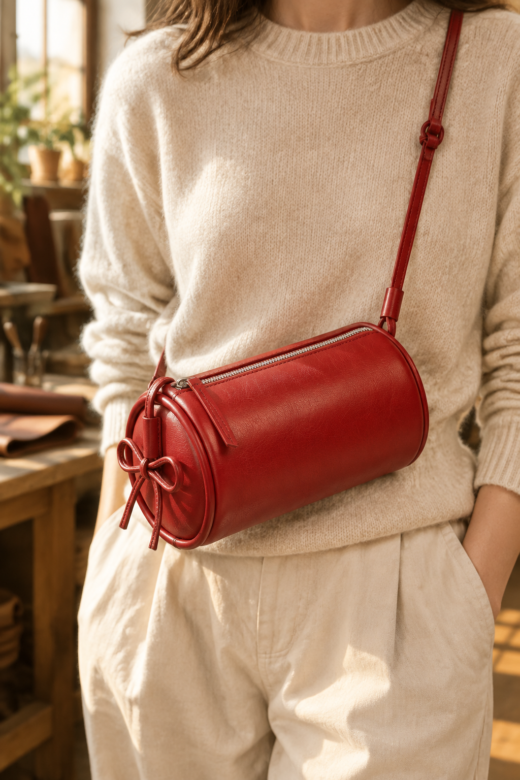 Sac Alma en cuir rouge de forme cylindrique, porté en bandoulière croisée par une femme