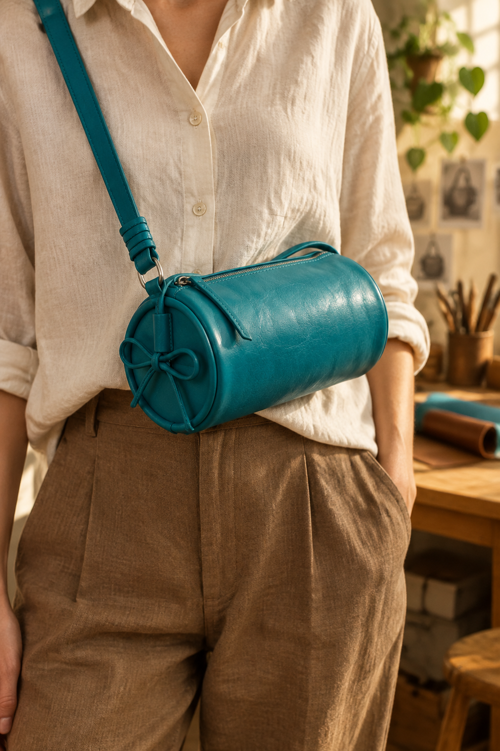 Sac Alma turquoise de forme cylindrique, porté en bandoulière croisée devant sur une tenue écrue 