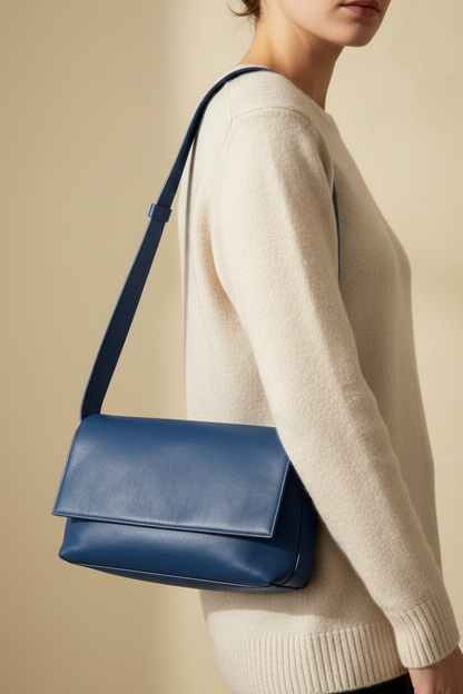 Sac baguette Fernanda bleu en cuir tanné végétal – porté épaule – Bmassy