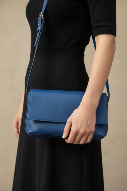 Sac baguette Fernanda bleu en cuir tanné végétal – porté main – Bmassy