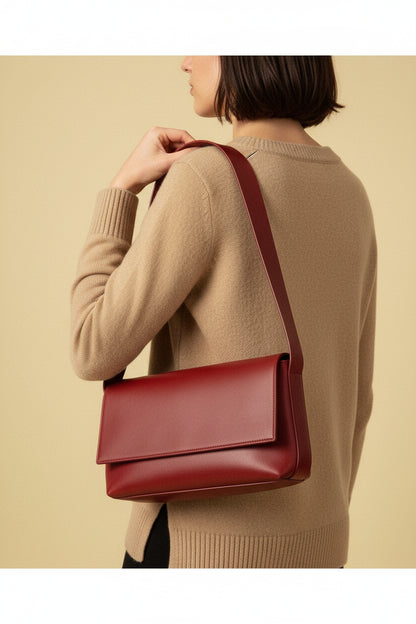 Sac baguette Fernanda bodeaux en cuir tanné végétal – vue dos tenu en main – BmassyBmassy