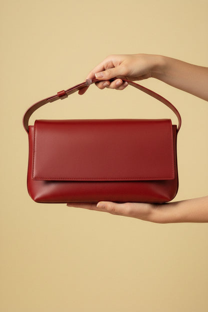 Sac baguette Fernanda bordeaux en cuir tanné végétal – vue face tenu en main – Bmassy