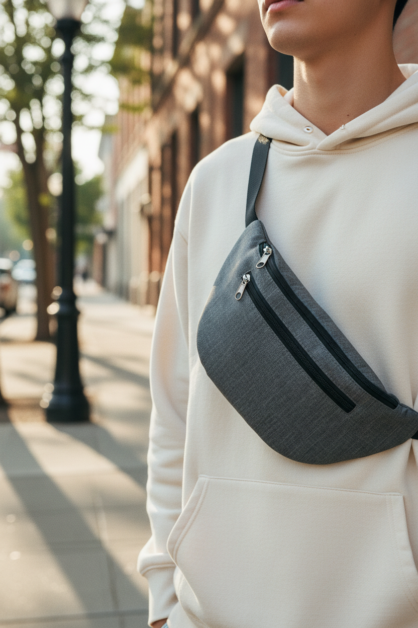 Sac banane gris 300D porté en bandoulière croisée – Bmassy
