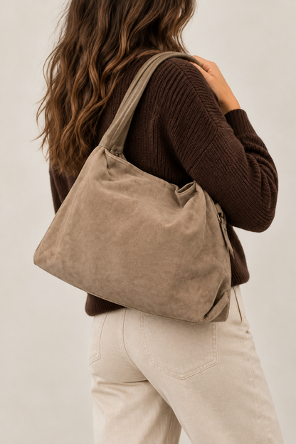 Sac Capucine en cuir velours taupe noisette porté à l’épaule, vu de dos avec un pull brun et un pantalon écru