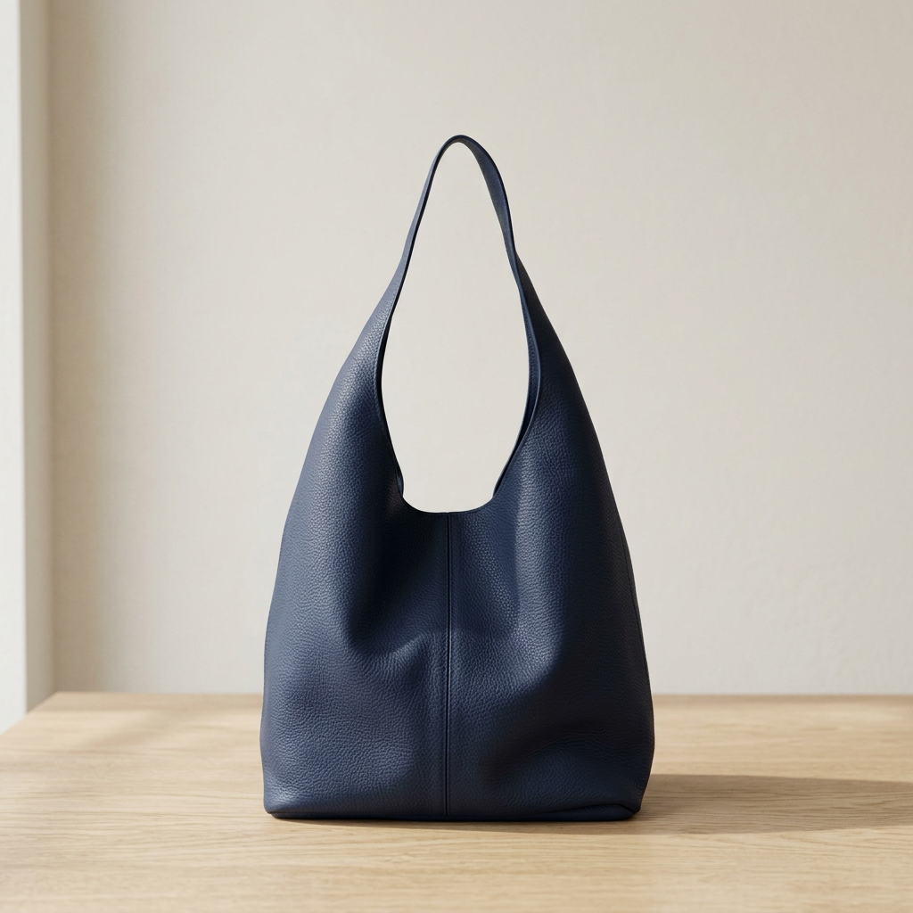 Sac porté épaule bleu avec anse large intégrée, vu de face sur fond clair
