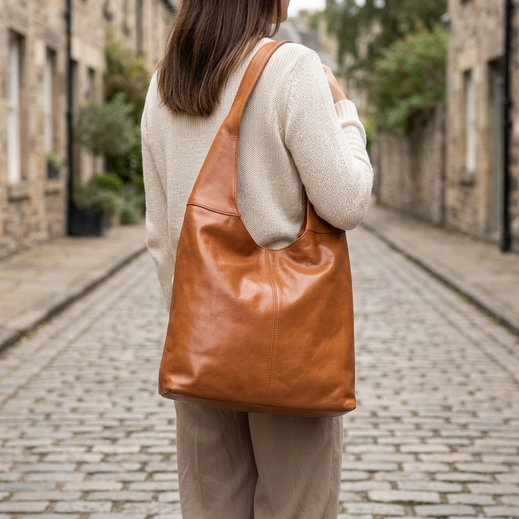 Sac à main camel porté à l’épaule par une femme vue de dos dans une rue pavée
