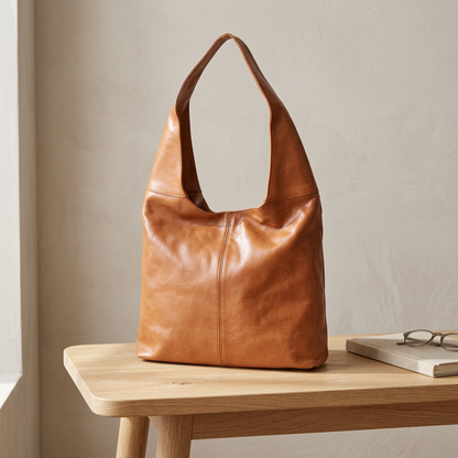Sac à main camel à large anse posé sur un support en bois clair, vu de trois quarts