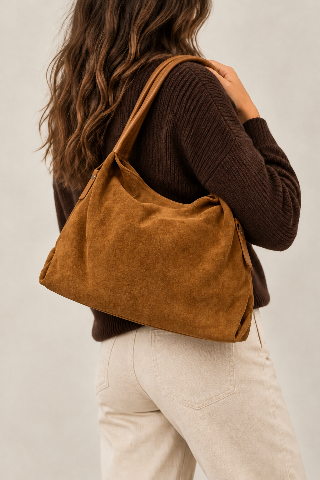 Sac Capucine en cuir velours couleur beige porté à l’épaule, vu de dos avec un pull brun et un pantalon écru.