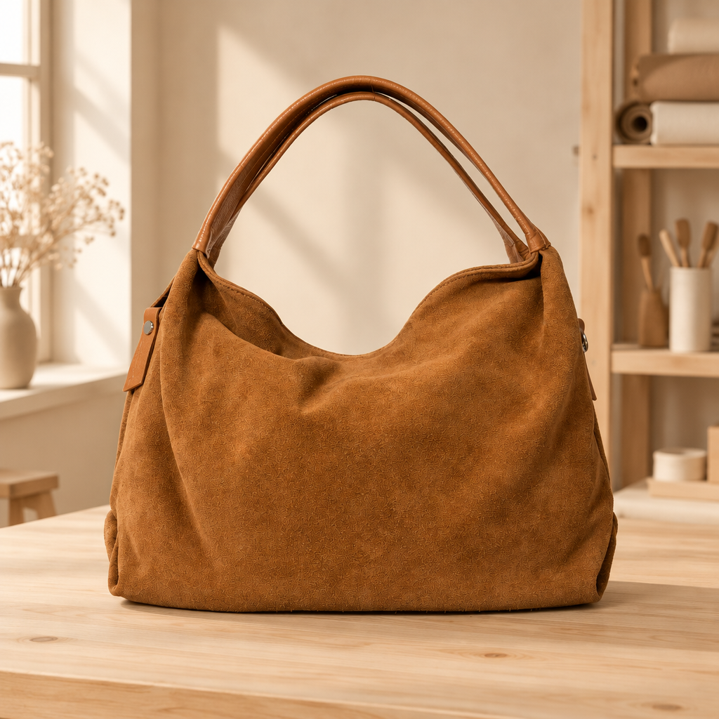 Sac Capucine en cuir velours couleur beige posé sur une table en bois clair dans un atelier lumineux