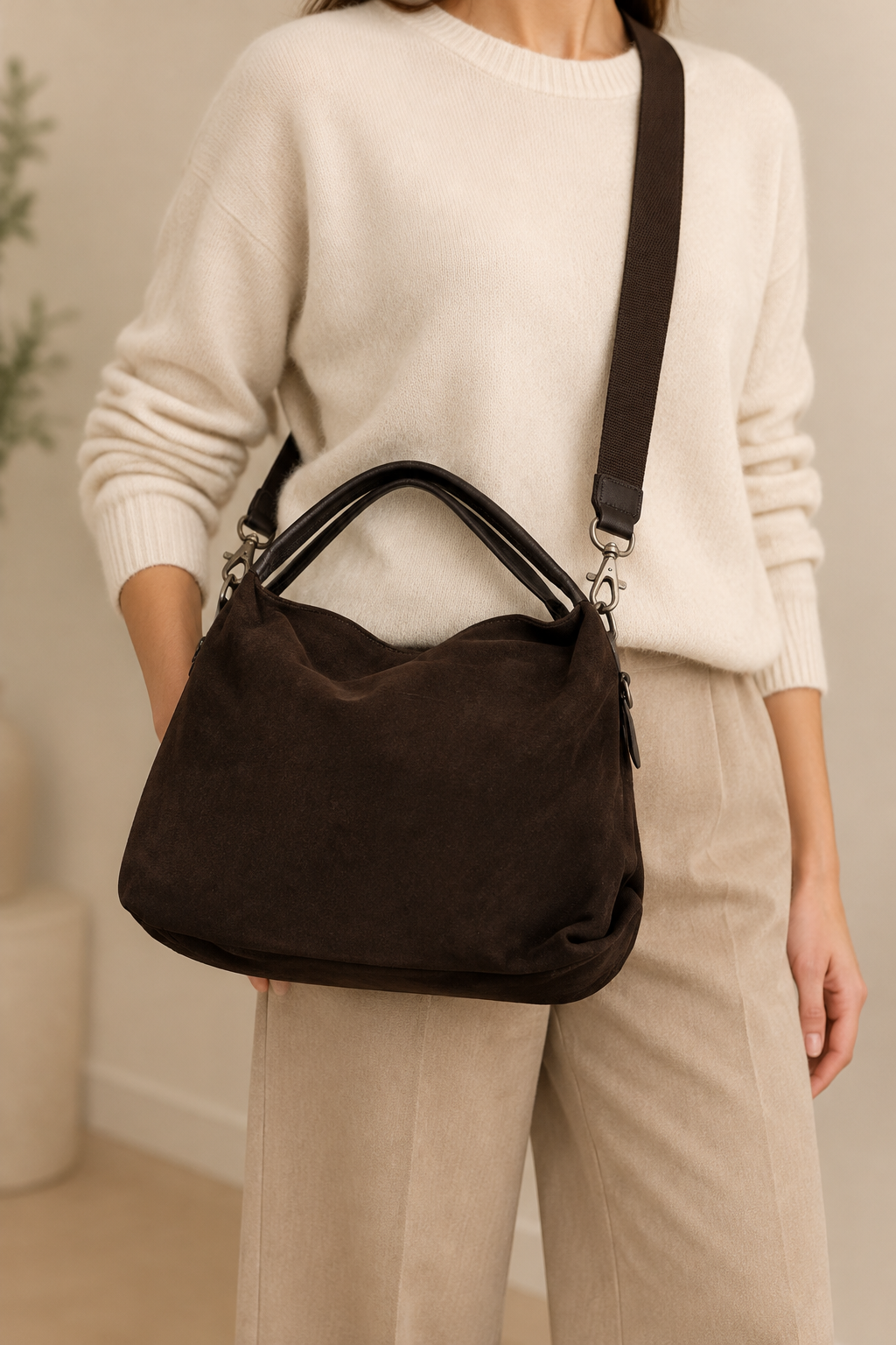 Sac à main bandoulière Capucine en cuir velours brun - bmassy