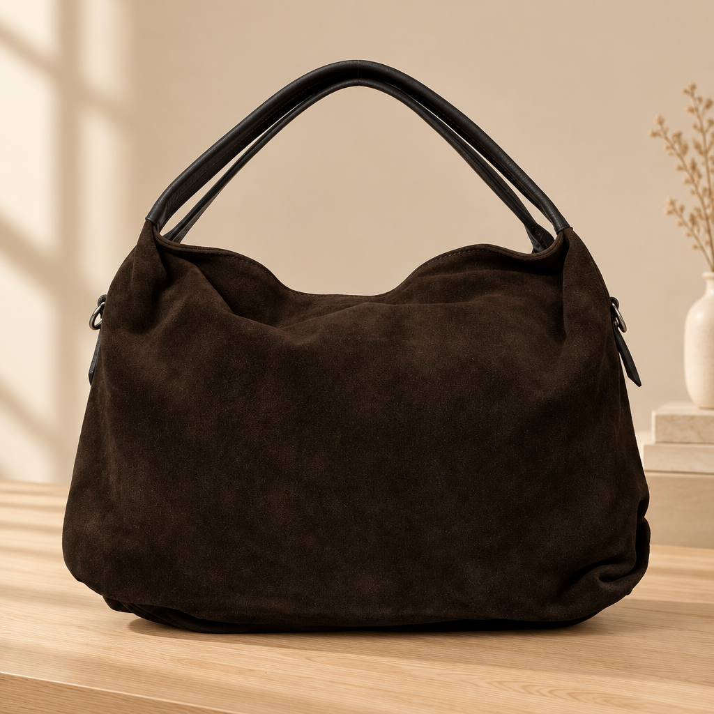 Sac Capucine en cuir velours brun foncé posé sur une table en bois clair, avec ses deux anses sombres
