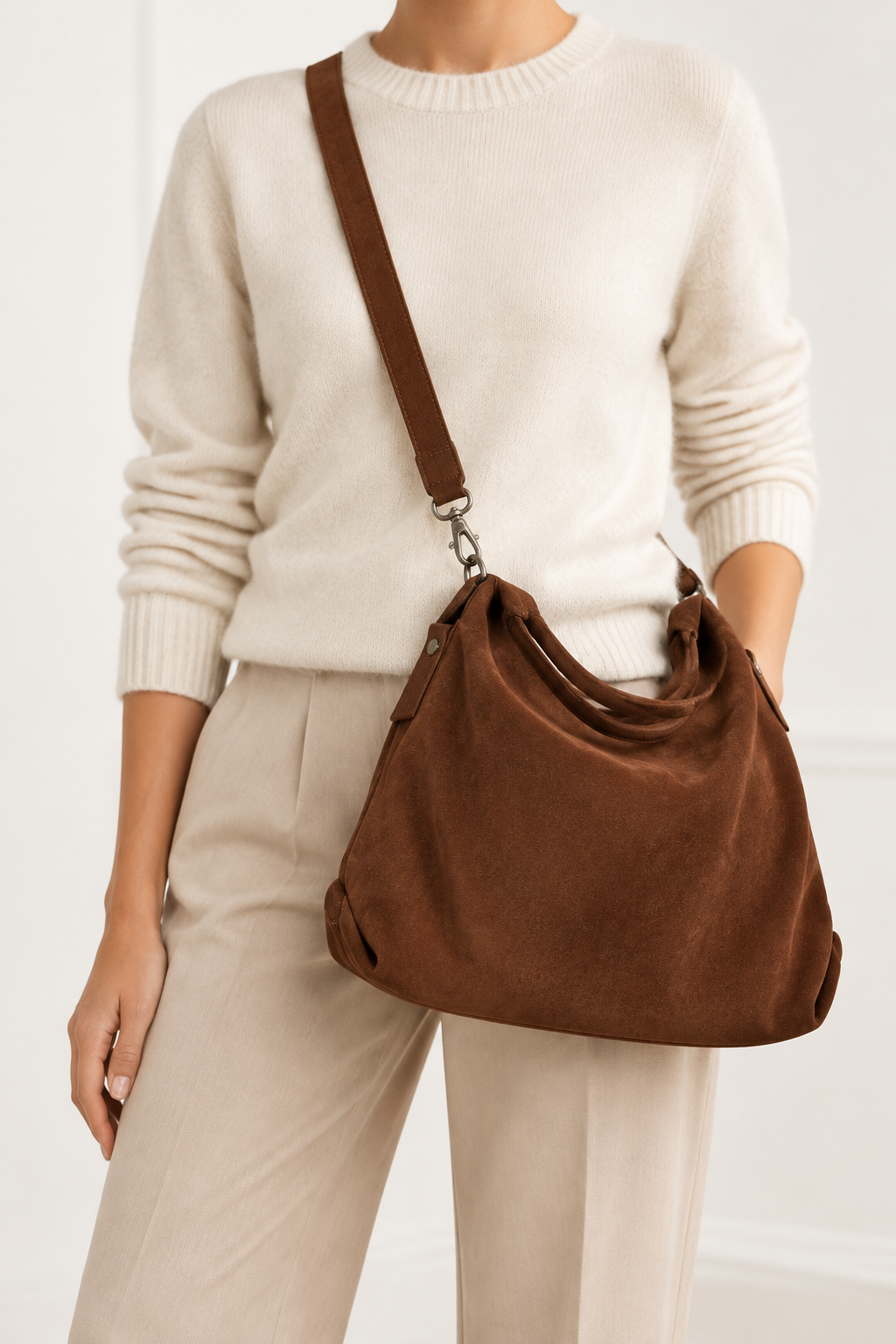 Sac Capucine en cuir velours marron porté en bandoulière - bmassy