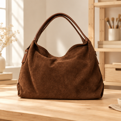 Sac Capucine en cuir velours marron posé sur une table en bois clair dans un atelier lumineux - bmassy