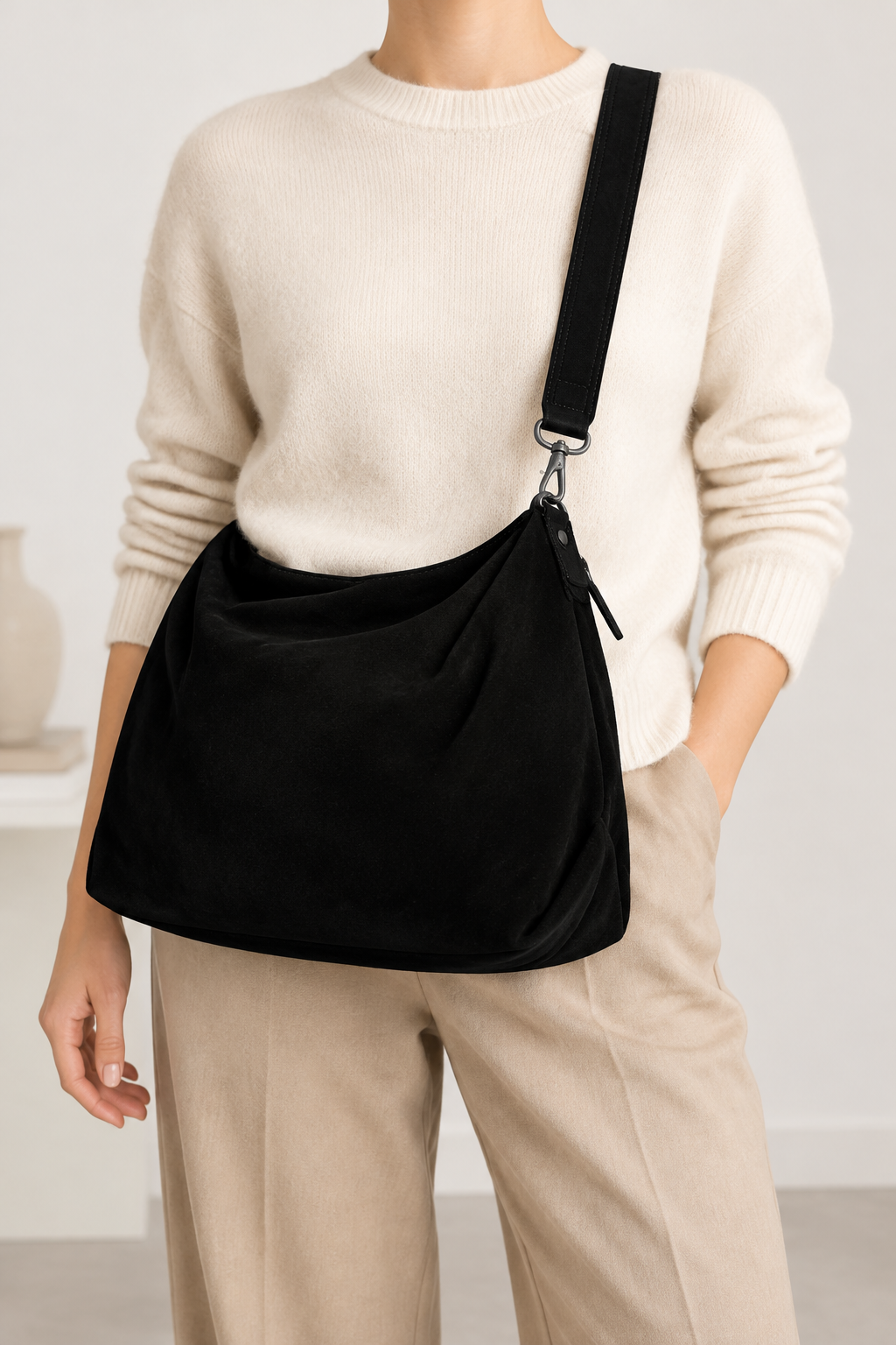Sac Capucine en cuir velours noir porté en bandoulière avec un pull écru bmassy
