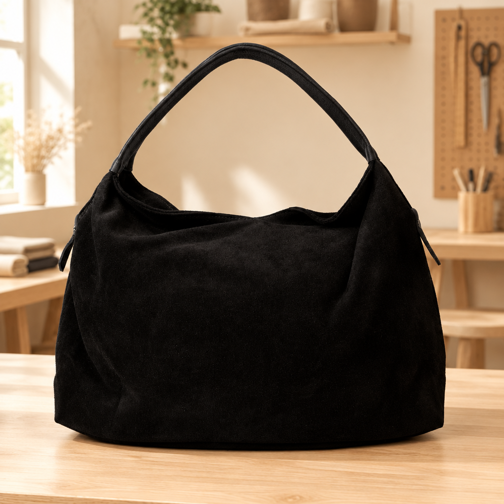 Sac Capucine en cuir velours noir posé sur une table en bois clair dans un atelier lumineux - bmassy