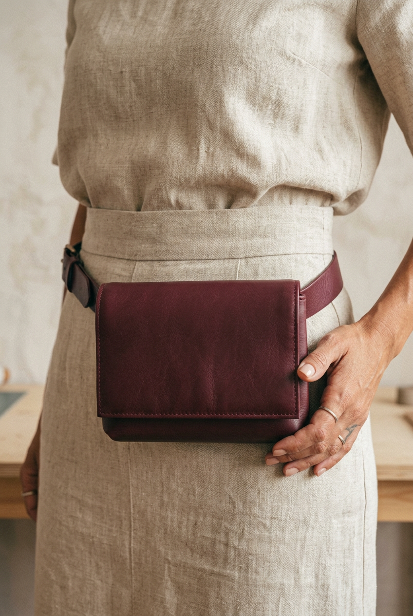Sac Fernandita en cuir bordeaux, porté à la taille avec sa ceinture, Bmassy