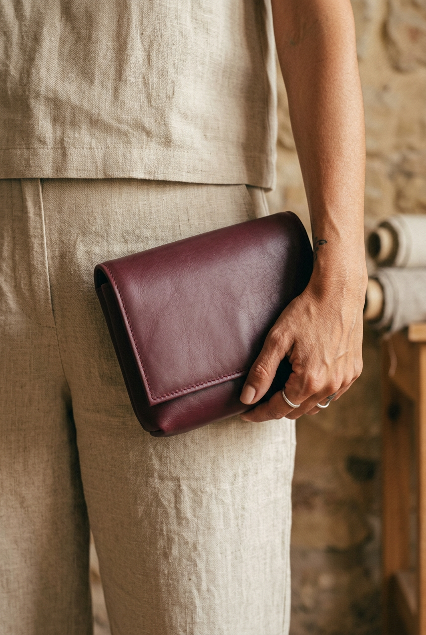 Sac Fernandita en cuir bordeaux, tenu à la main en pochette, Bmassy