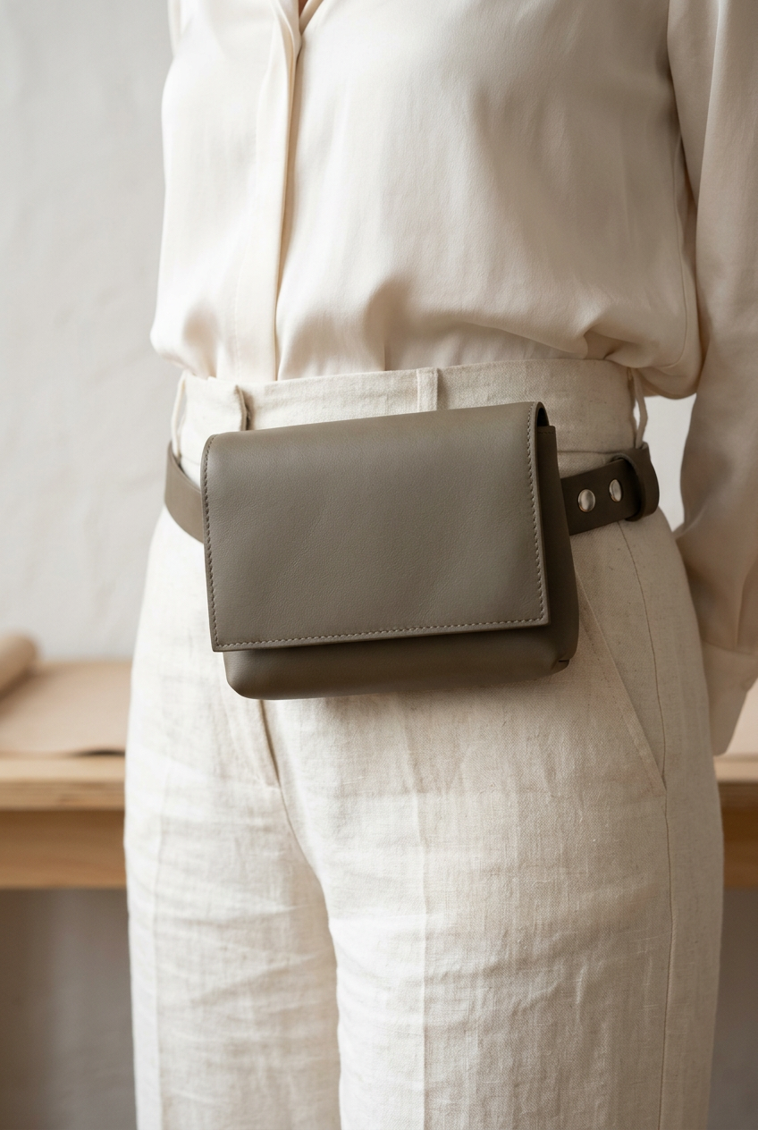Sac Fernandita en cuir gris, porté à la taille avec sa ceinture, Bmassy