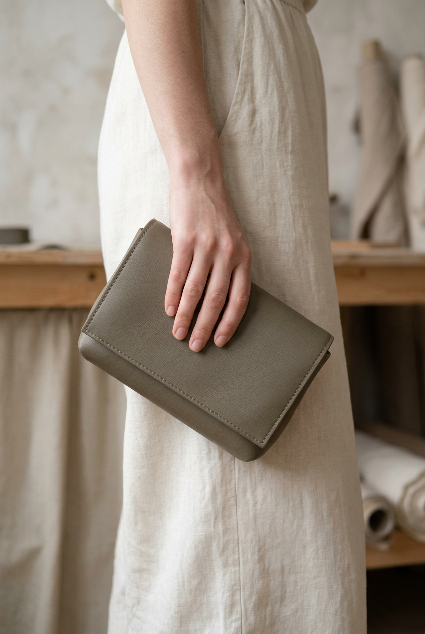 Sac Fernandita en cuir gris, tenu à la main en pochette, Bmassy