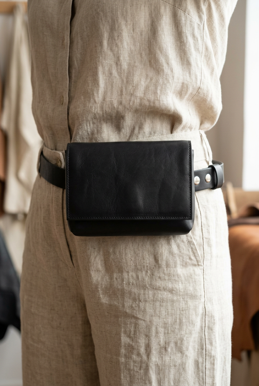 Sac Fernandita en cuir noir, porté à la taille avec sa ceinture, Bmassy