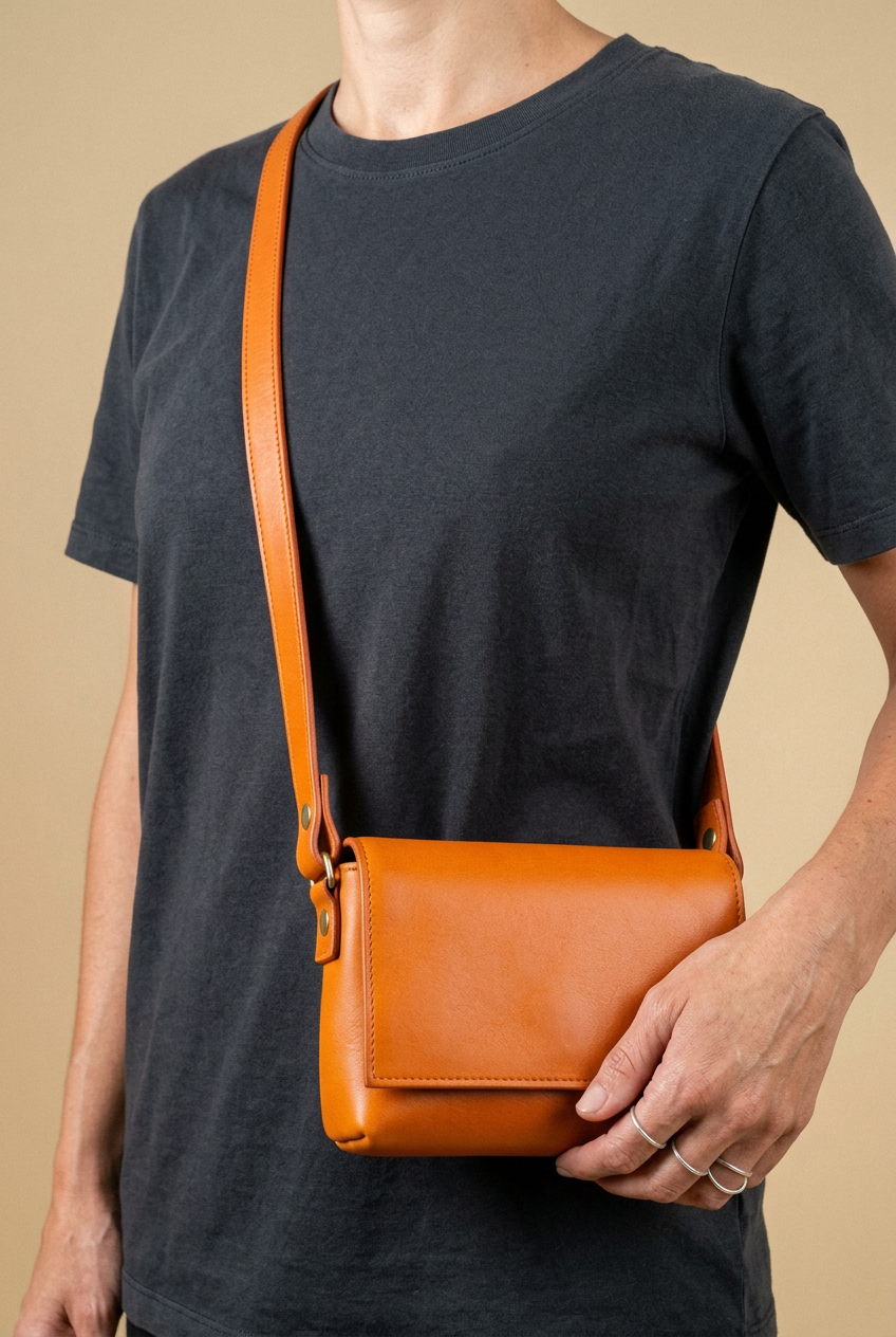 Sac Fernandita en cuir orange, porté en bandoulière, Bmassy.