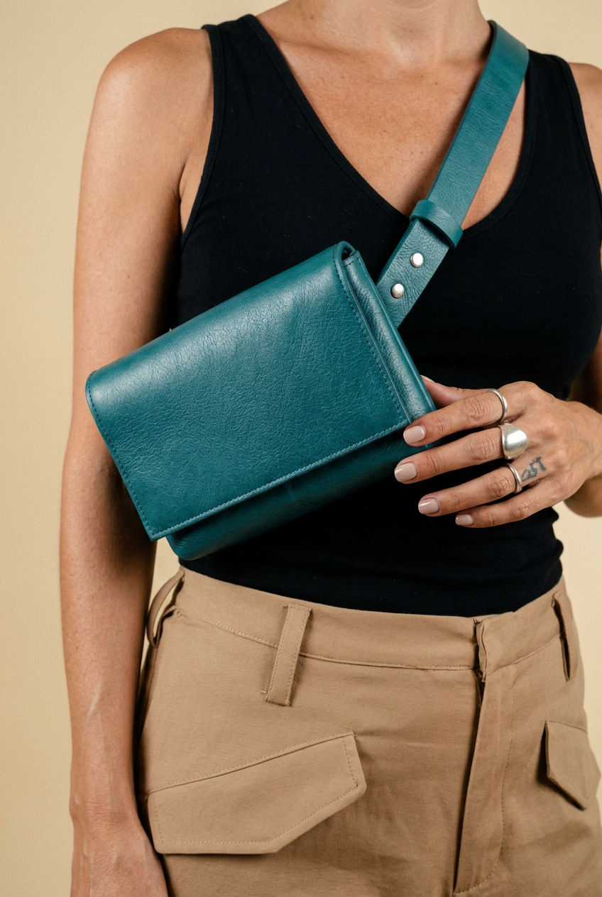 Sac Fernandita en cuir turquoise, porté en bandoulière, Bmassy.