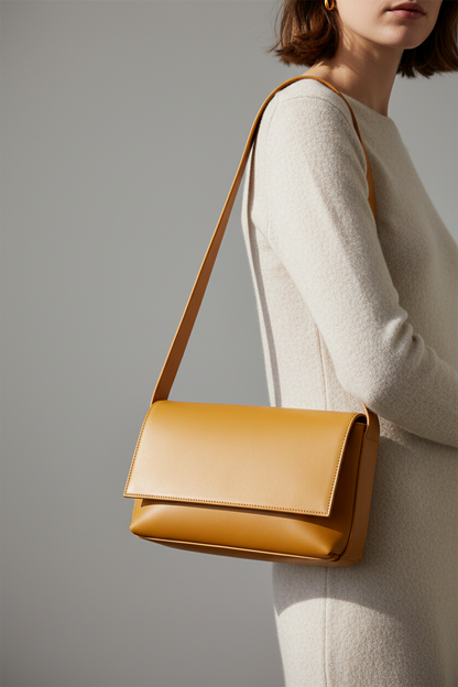Sac baguette Fernanda jaune en cuir tanné végétal – porté épaule – Bmassy