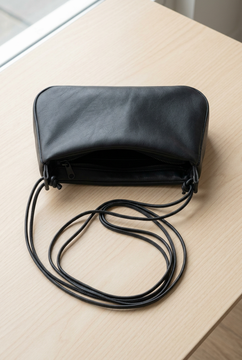 Sac Lolita en cuir de vache noir posé sur une table, vu du dessus, Bmassy