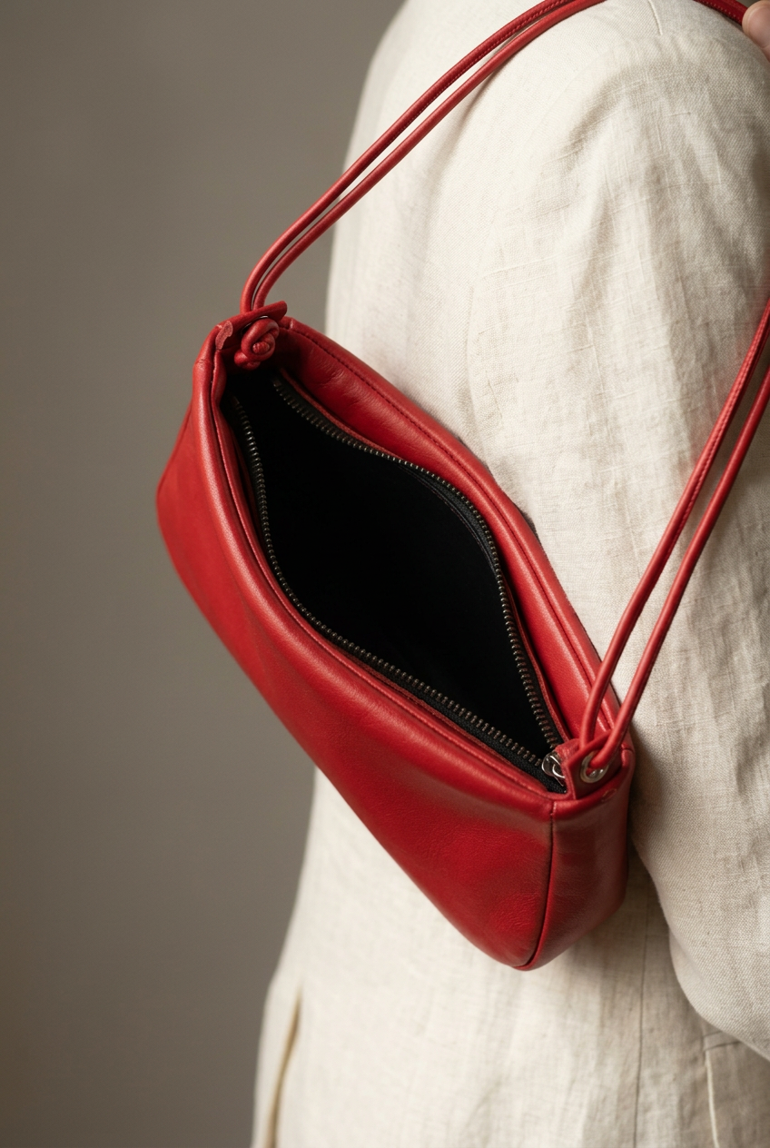 Sac Lolita en cuir de vache rouge porté à l’épaule, Bmassy