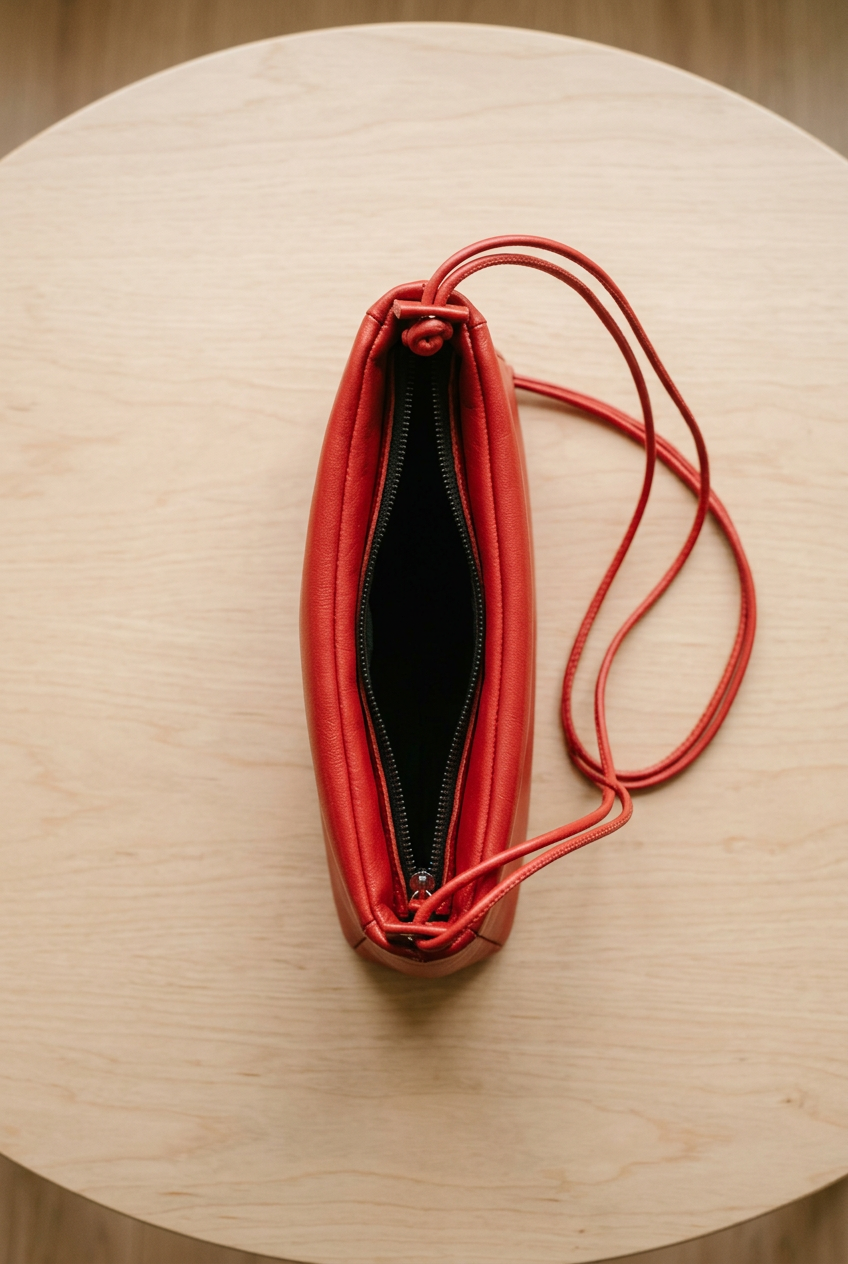 Vue plongeante sur l’ouverture et la fermeture zippée du sac Lolita en cuir de vache rouge, Bmassy