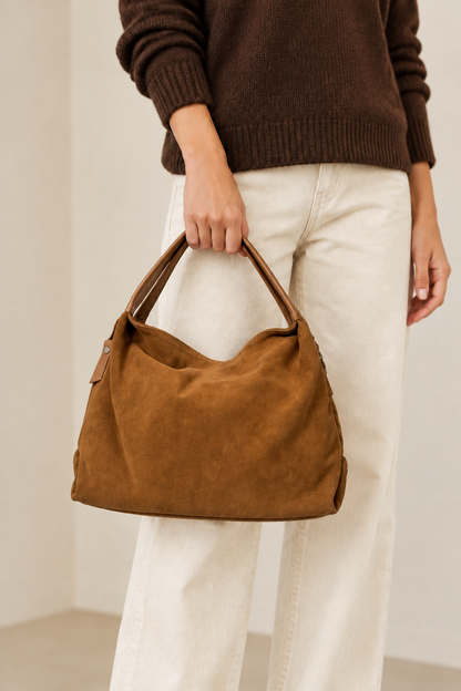 Sac Capucine en cuir velours beige porté à la main, avec un pull brun et un pantalon écru
