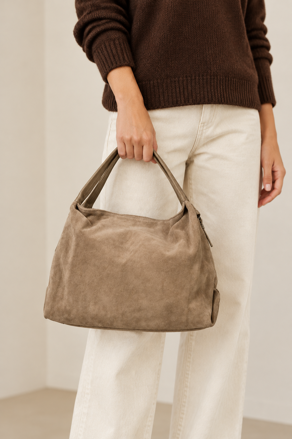 Sac Capucine en cuir velours taupe noisette porté à la main, avec un pull brun et un pantalon écru