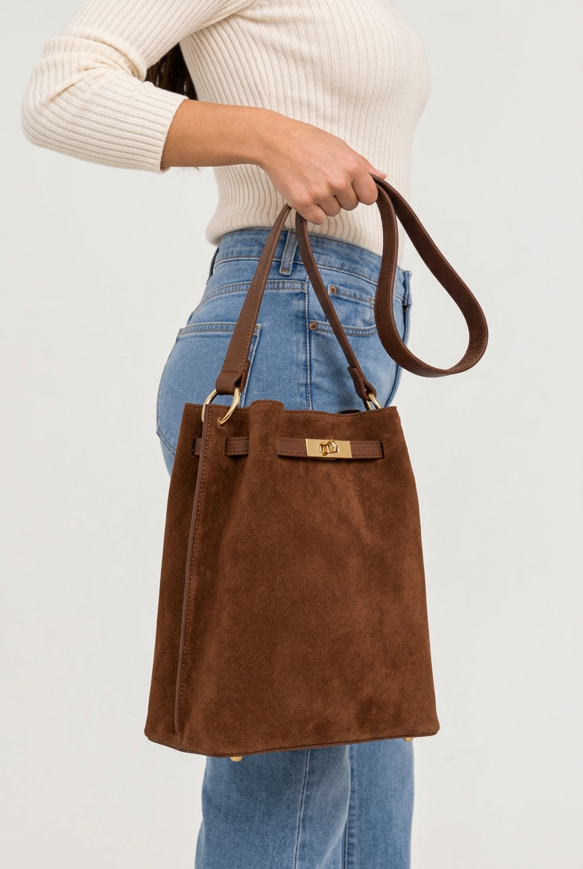 Sac rectangulaire en cuir velours marron porté à la main