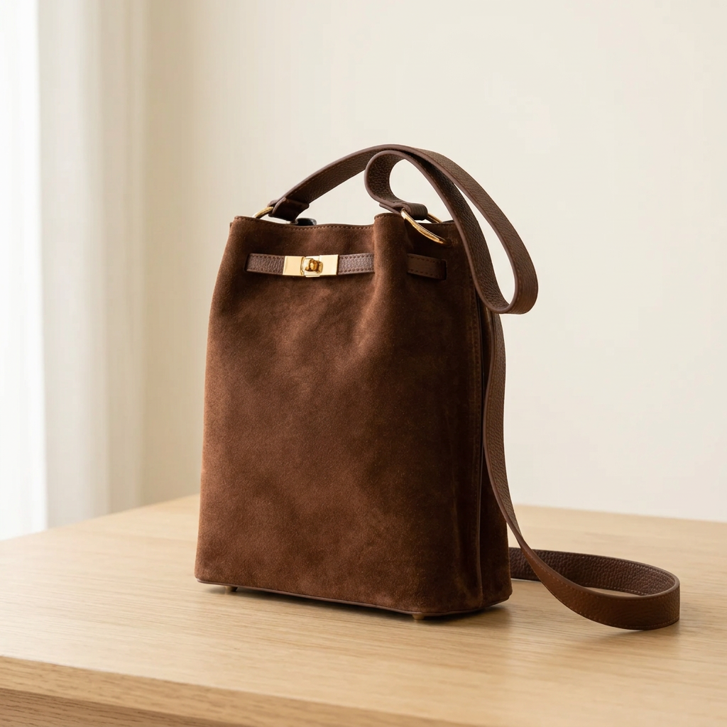 Sac rectangulaire en cuir velours marron avec détails en métal  