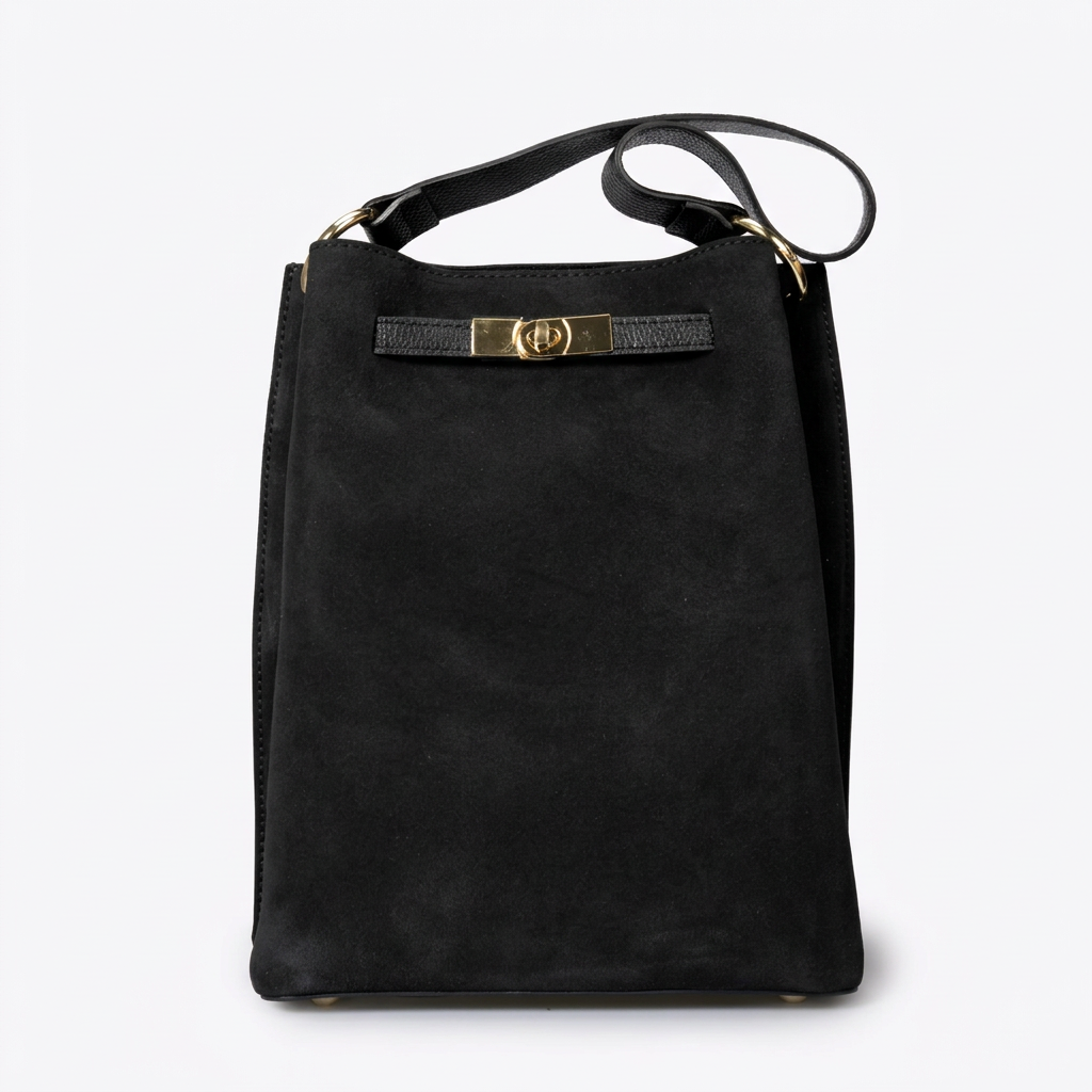 Sac rectangulaire en cuir velours noir, vue de face avec fermoir doré