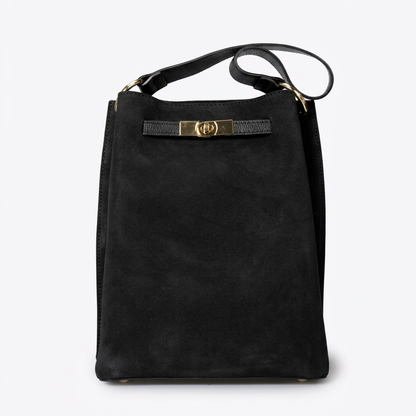 Sac rectangulaire en cuir velours noir, vue de face avec fermoir doré