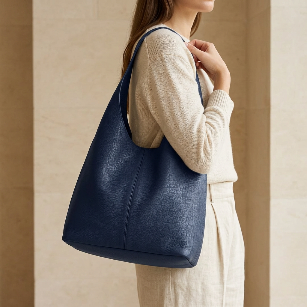 Sac porté épaule en cuir grainé – Bleu