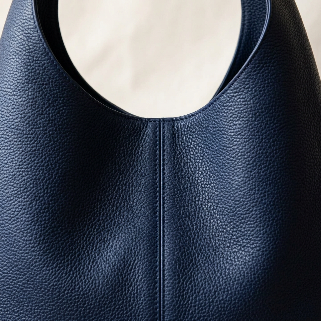 Sac porté épaule bleu marine à texture grainée, avec anse large et couture centrale