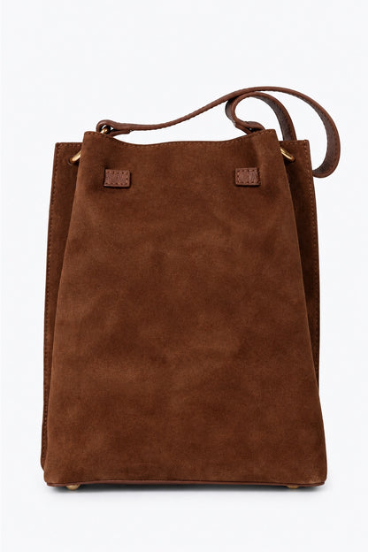 Sac rectangulaire en cuir velours marron, vue arrière 