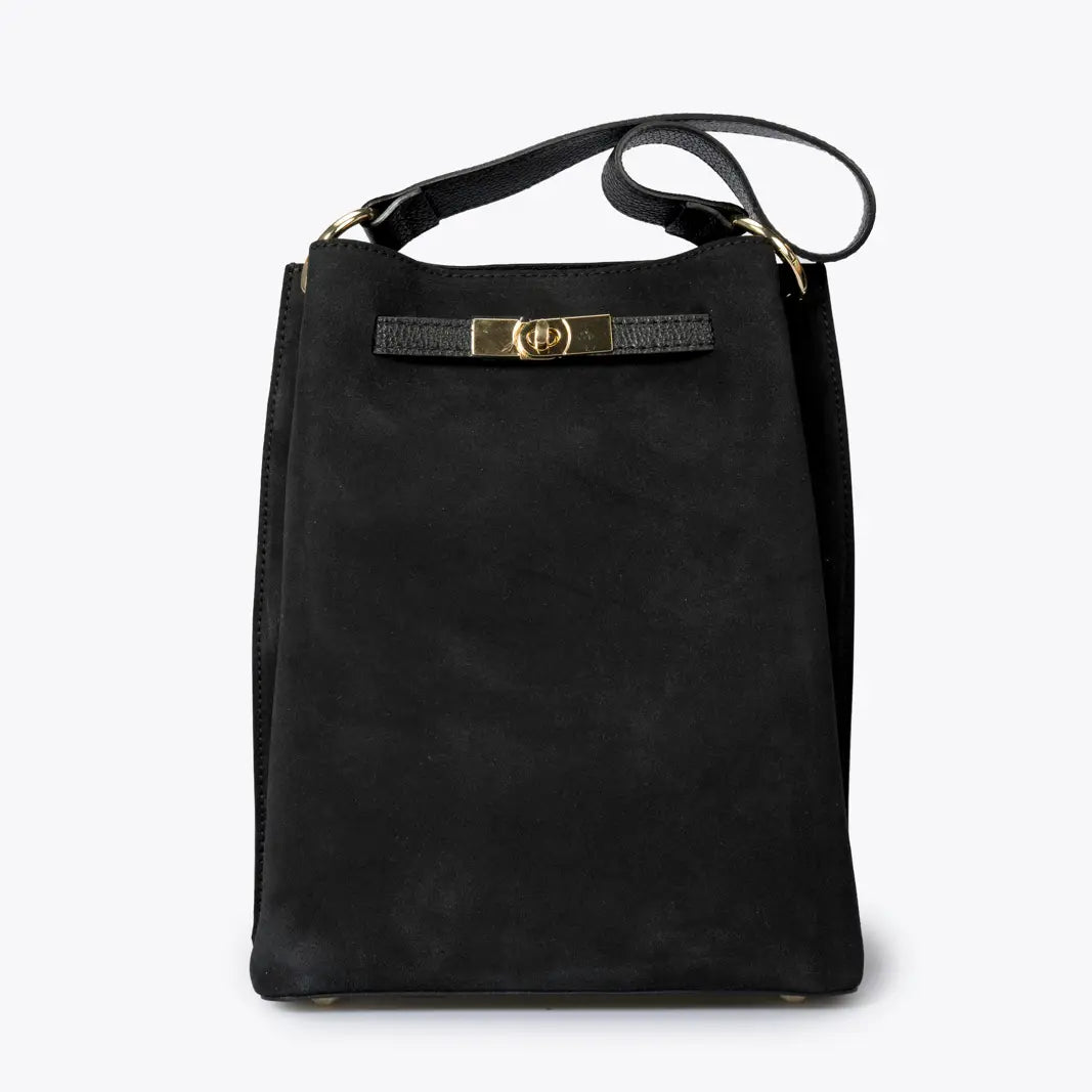 Sac rectangulaire en cuir velours noir, vue de face avec fermoir doré