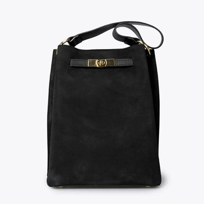 Sac rectangulaire en cuir velours noir, vue de face avec fermoir doré