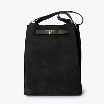 Sac rectangulaire en cuir velours noir, vue de face avec fermoir doré