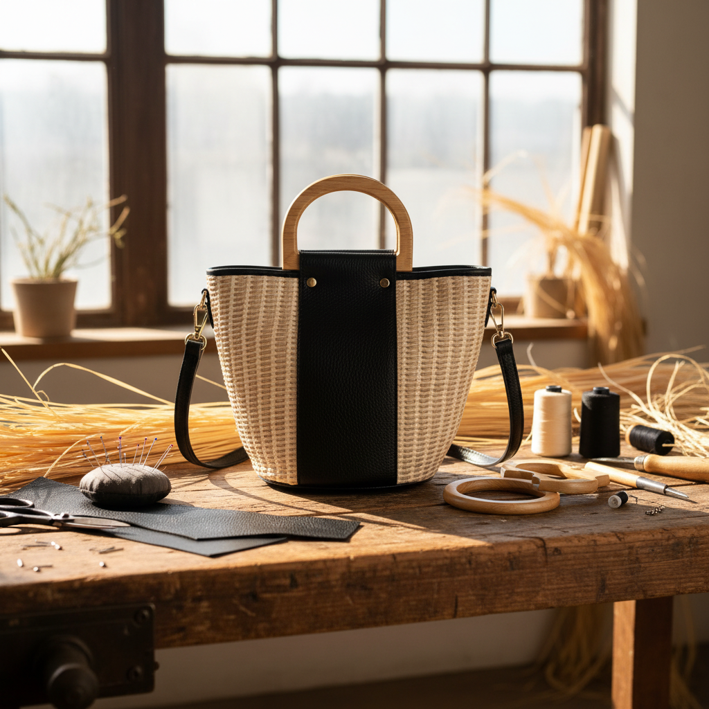 Sac Seau Raphia Cuir Noir — Poignées Bois & Bandoulière Femme | Bmassy