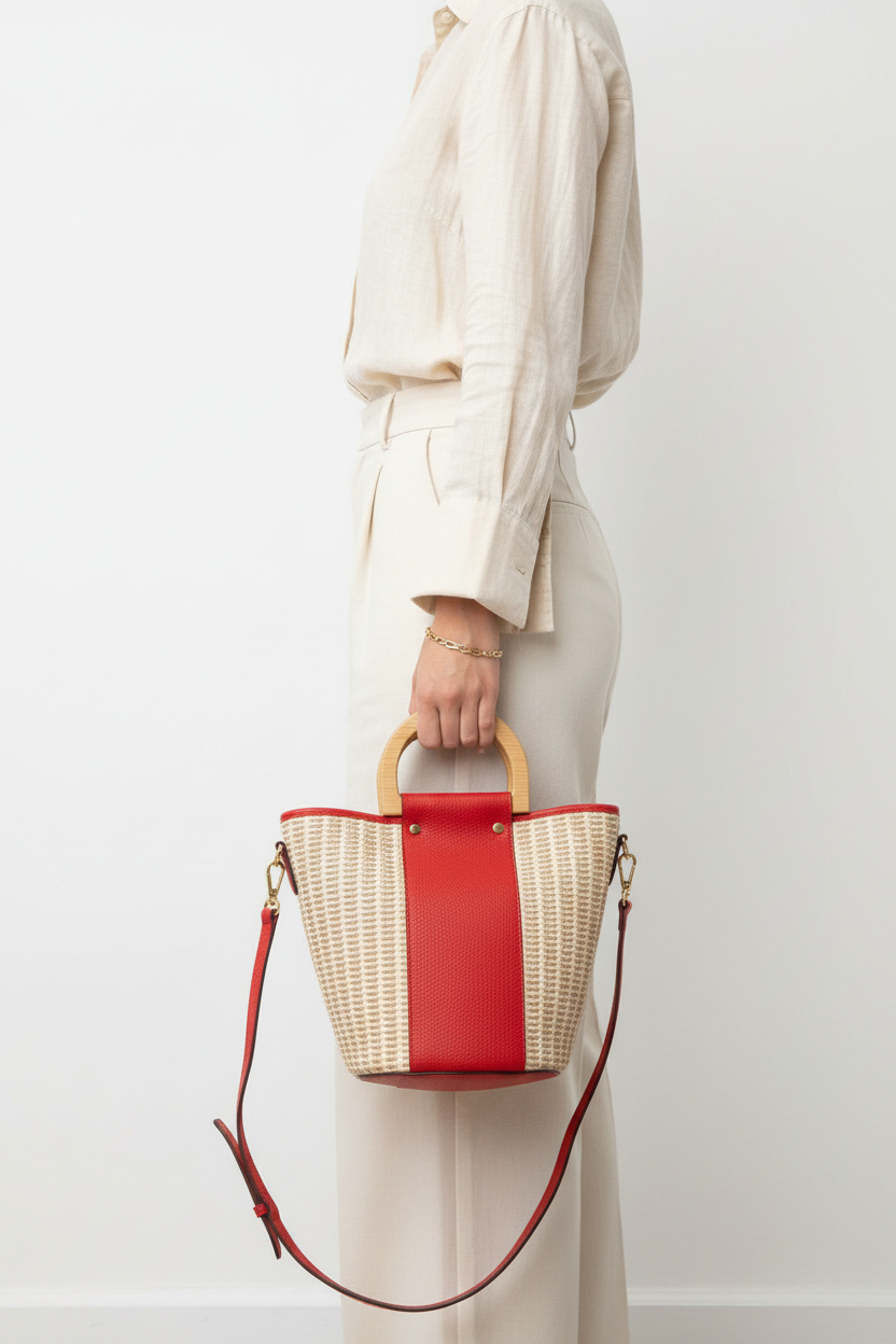 Sac Seau Raphia Cuir Rouge — Poignées Bois & Bandoulière Femme | Bmassy