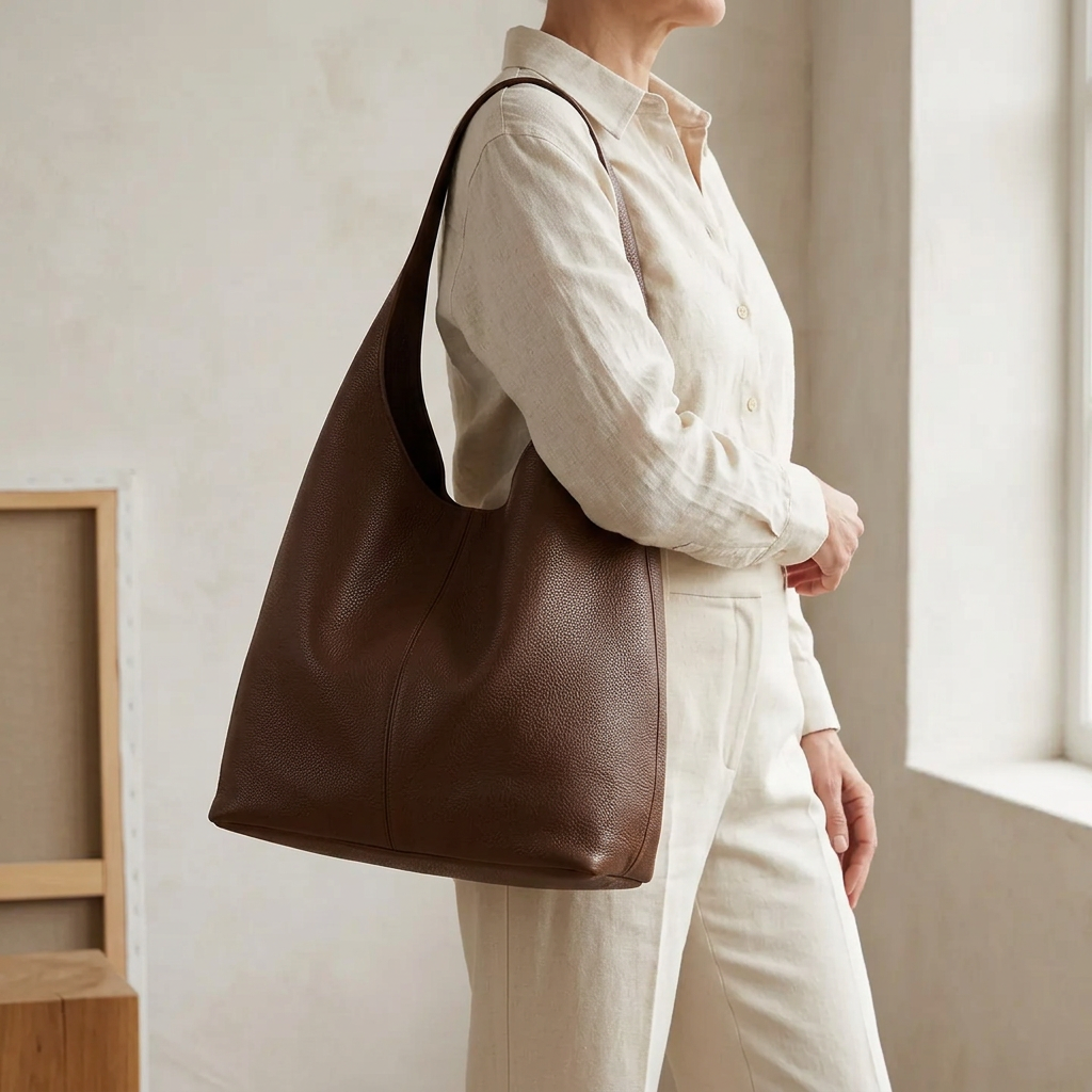 Sac porté épaule shopper en cuir véritable marron pour femme, porté à l'épaule