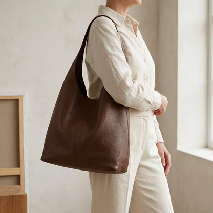Sac porté épaule shopper en cuir véritable marron pour femme, porté à l'épaule