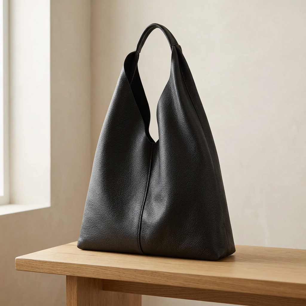 Sac shopper en cuir grainé noir posé sur un banc en bois clair, vu de trois quarts