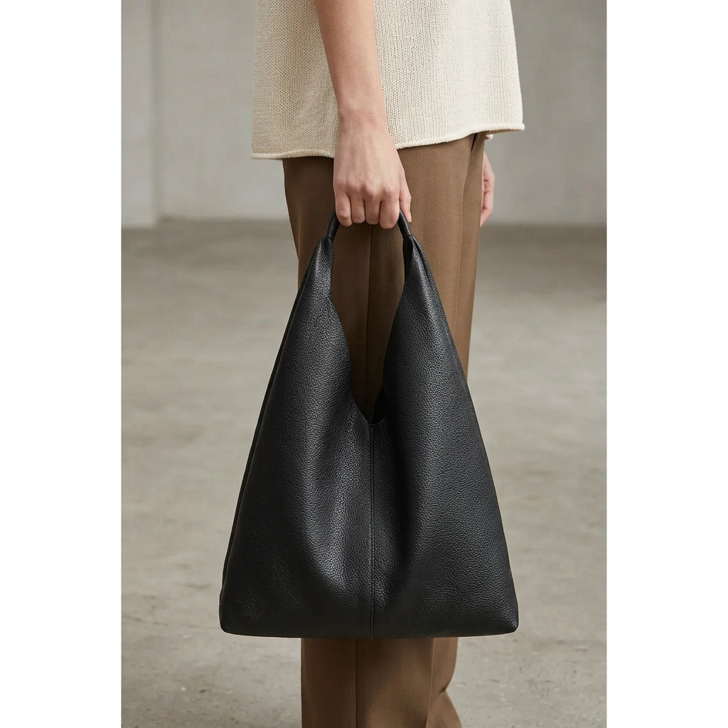 Sac shopper en cuir grainé noir tenu à la main par son anse, le long de la jambe