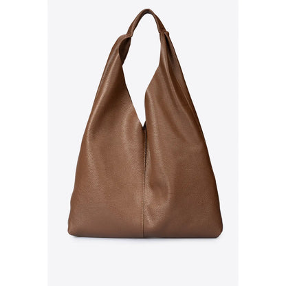 Sac shopper en cuir grainé marron en bois clair, vu de trois quarts