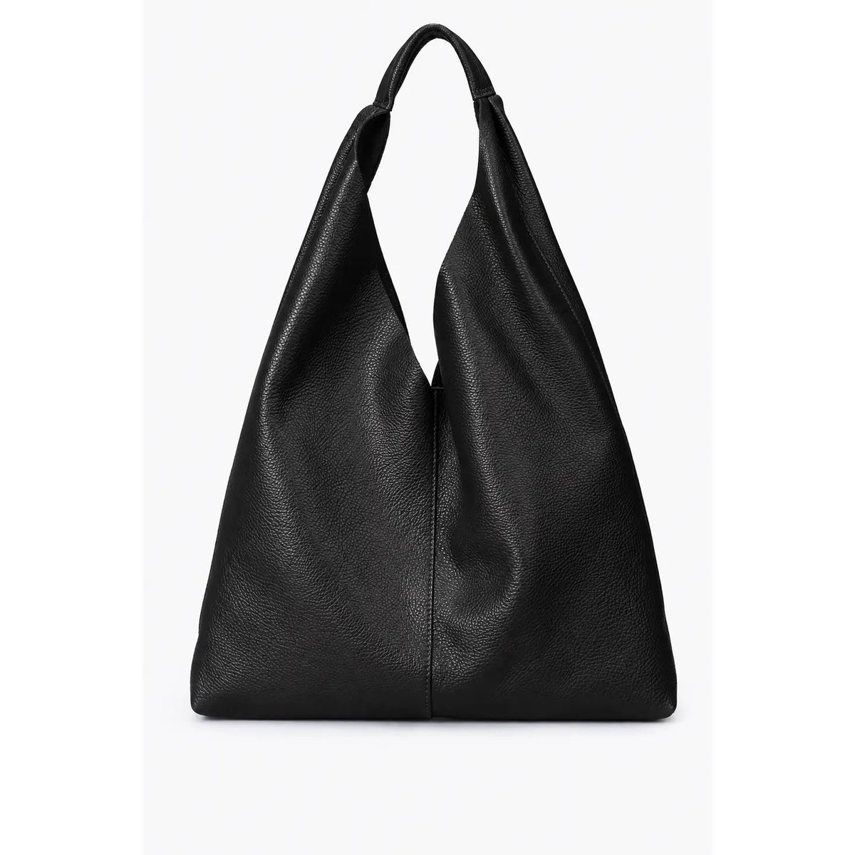 Sac shopper en cuir grainé noir, à la forme souple et avec anse intégrée, vu de face